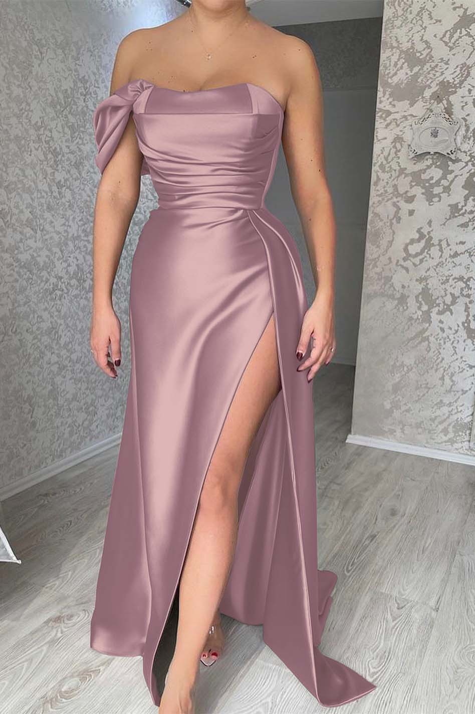 One Shoulder Sleeveless Mermaid Strapless Long Prom Dress With Side Split