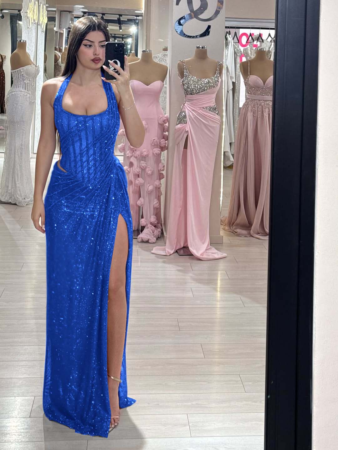 Sequins Halter Sleeveless Long Mermaid Prom Dress With Split