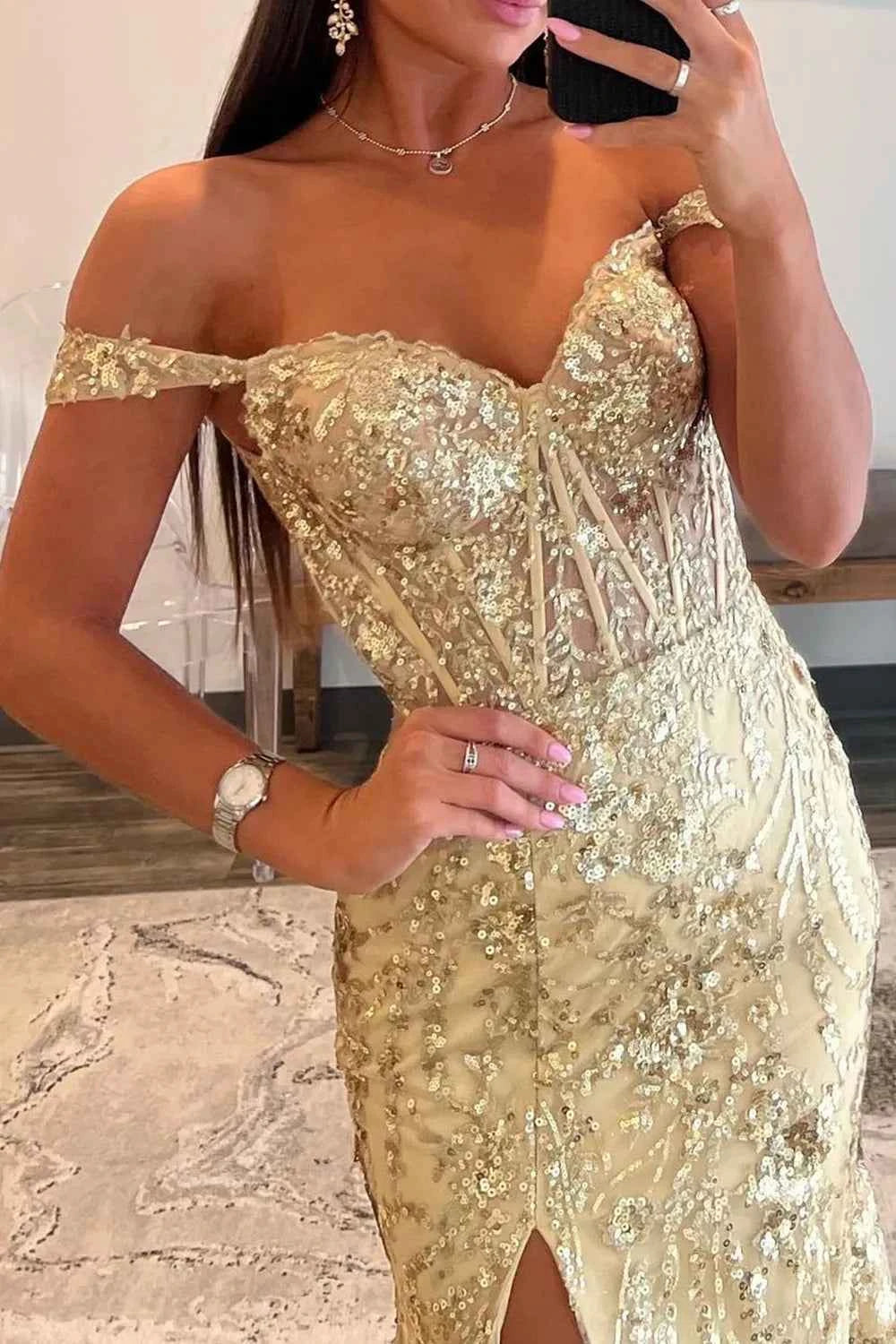 Sparkly Golden Off the Shoulder Mermaid Sequins Long Prom Dress with Slit