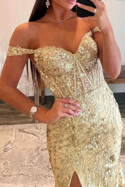 Sparkly Golden Off the Shoulder Mermaid Sequins Long Prom Dress with Slit