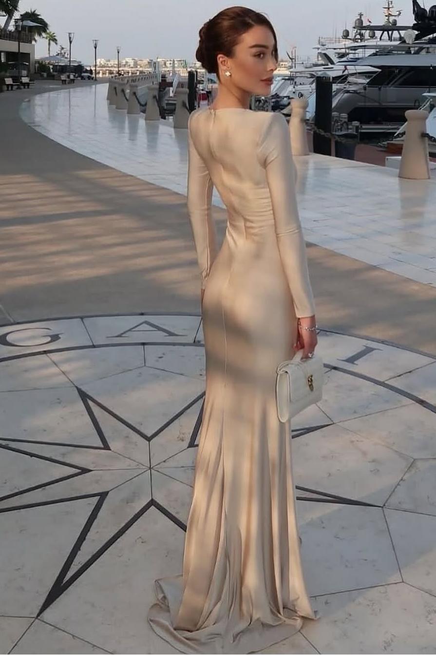 Chic Jewel Long Sleeves Mermaid Long Prom Dress With Pleated