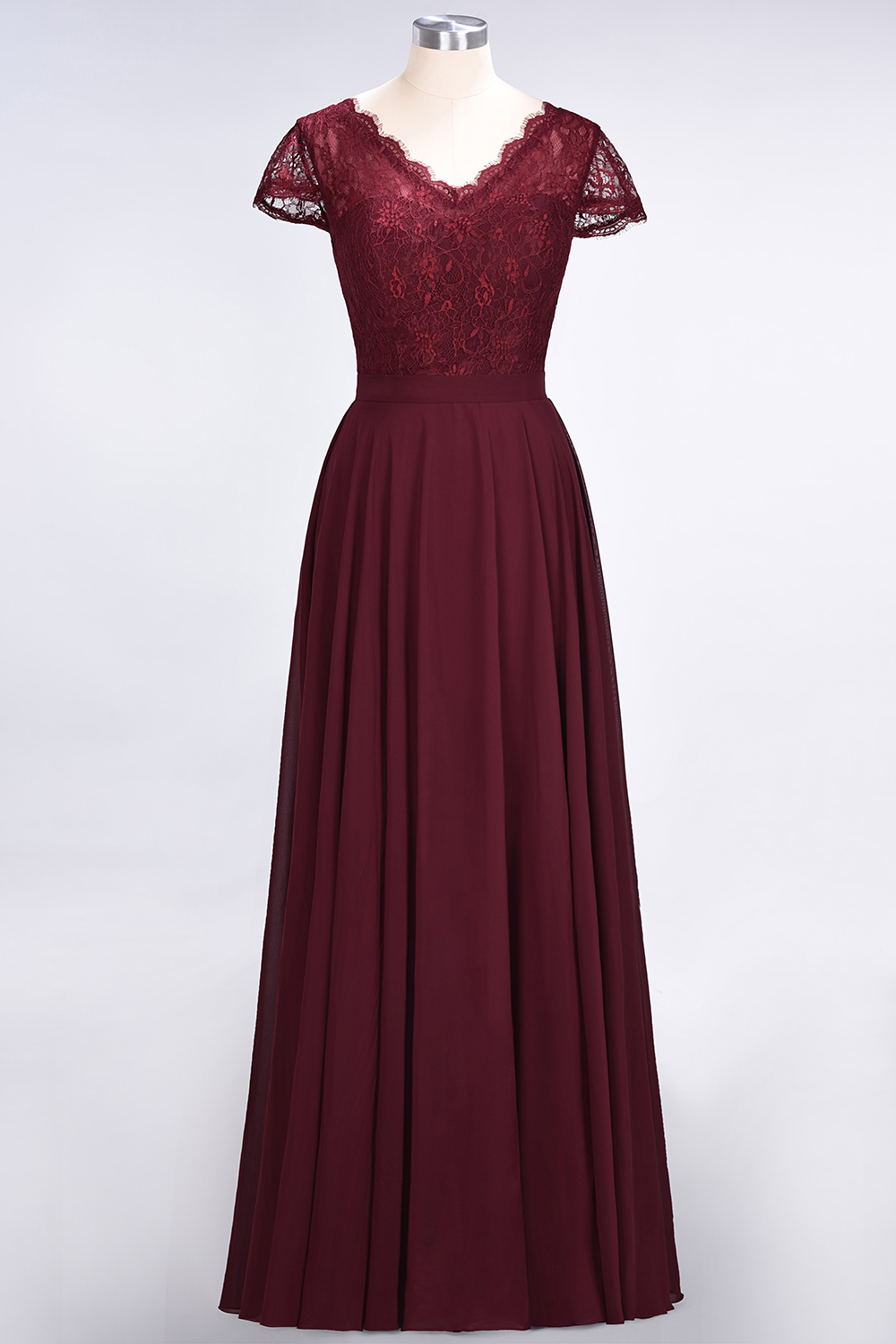 BMbridal Elegant Lace V-Neck Burgundy Bridesmaid Dress with Cap Sleeves-BMbridal