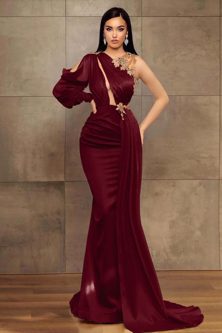 Chic Mermaid One Shoulder Long Sleeve Pleated Long Prom Dress With Beadings