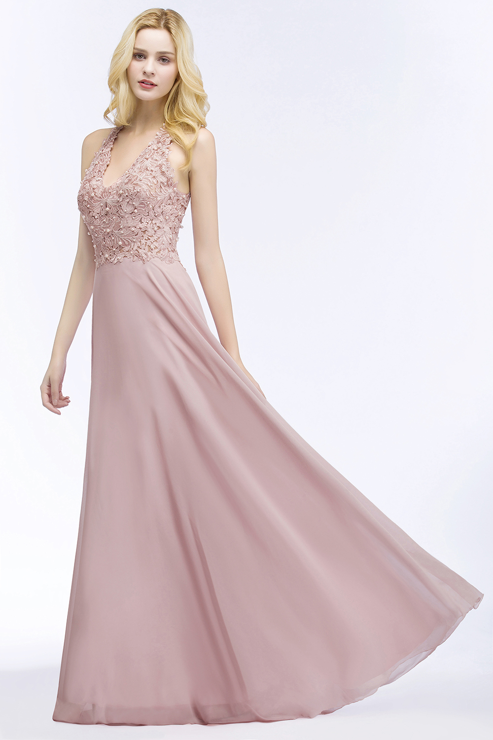BMbridal Chic Lace V-neck Pink Chiffon Bridesmaid Dress with Pearls-BMbridal