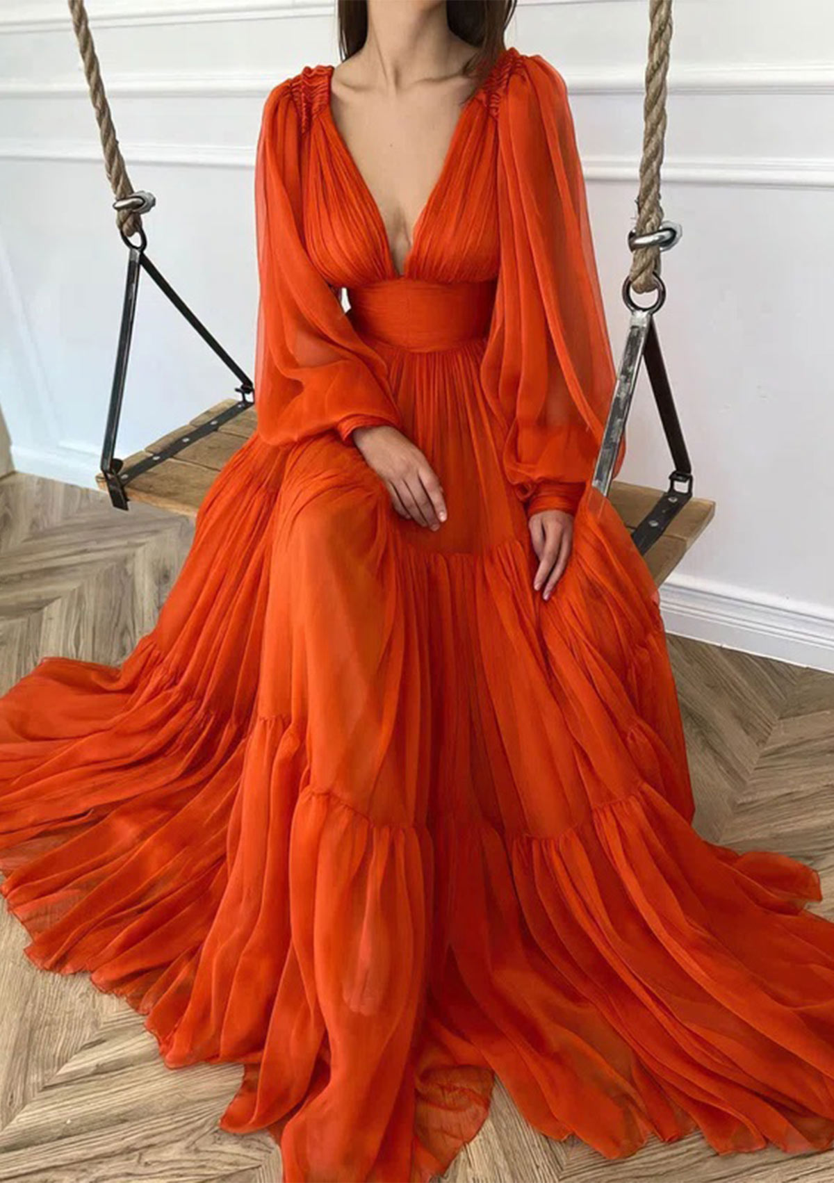 Deep V Neck Long Sleeves High Waist Long Prom Dress With Ruffles