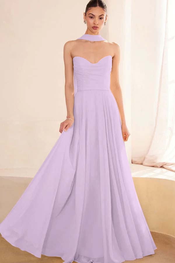 Chiffon Strapless Sleeveless Long A Line Prom Dress With Pleated