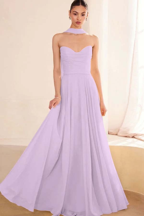 Chiffon Strapless Sleeveless Long A Line Prom Dress With Pleated