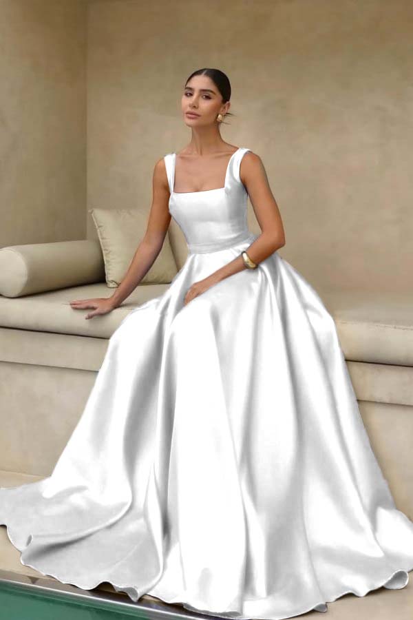 Stain Straps Sleeveless A Line Long Prom Dress With Pleated