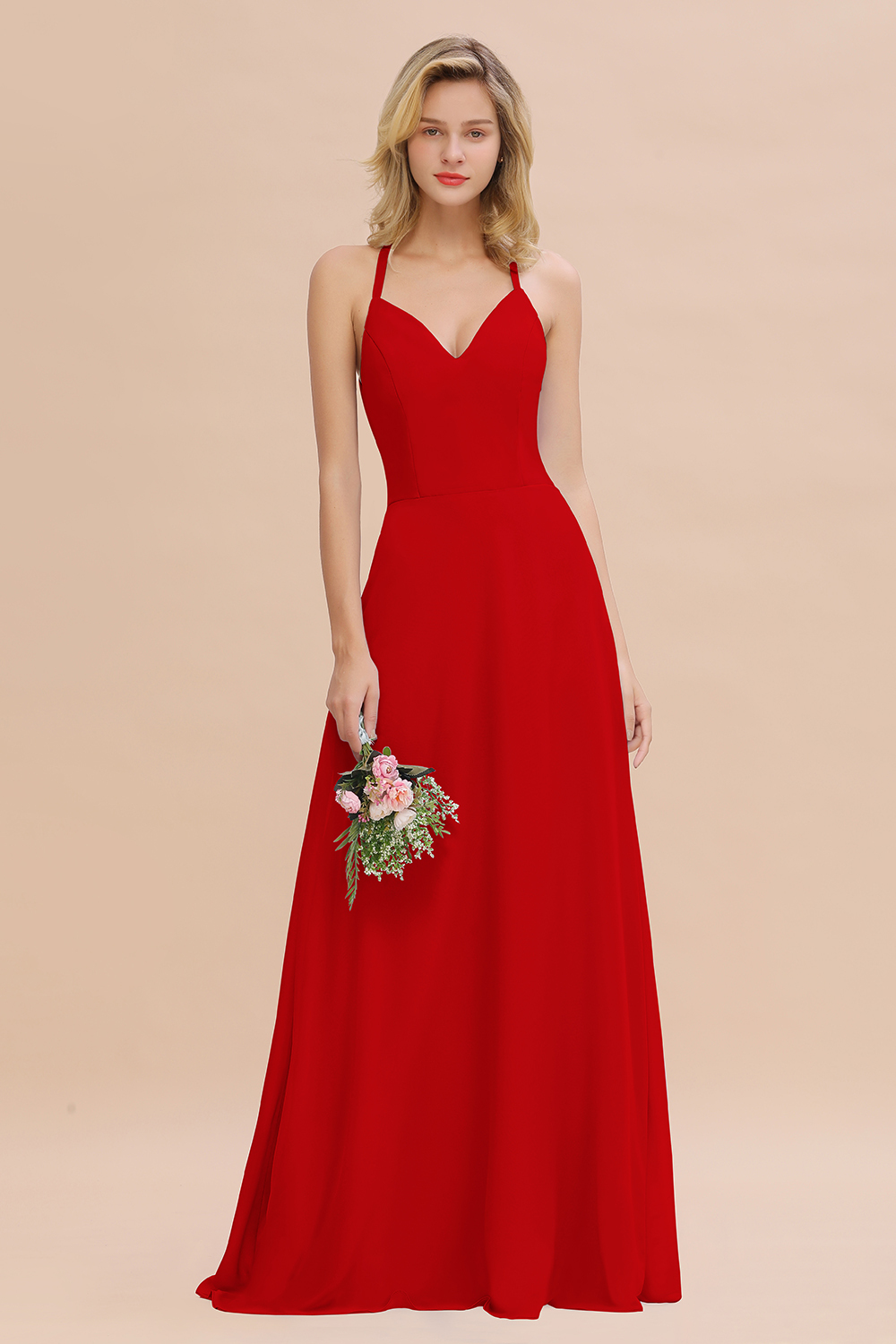BMbridal Modest Halter V-Neck Sleeveless Long Bridesmaid Dresses Online-BMbridal