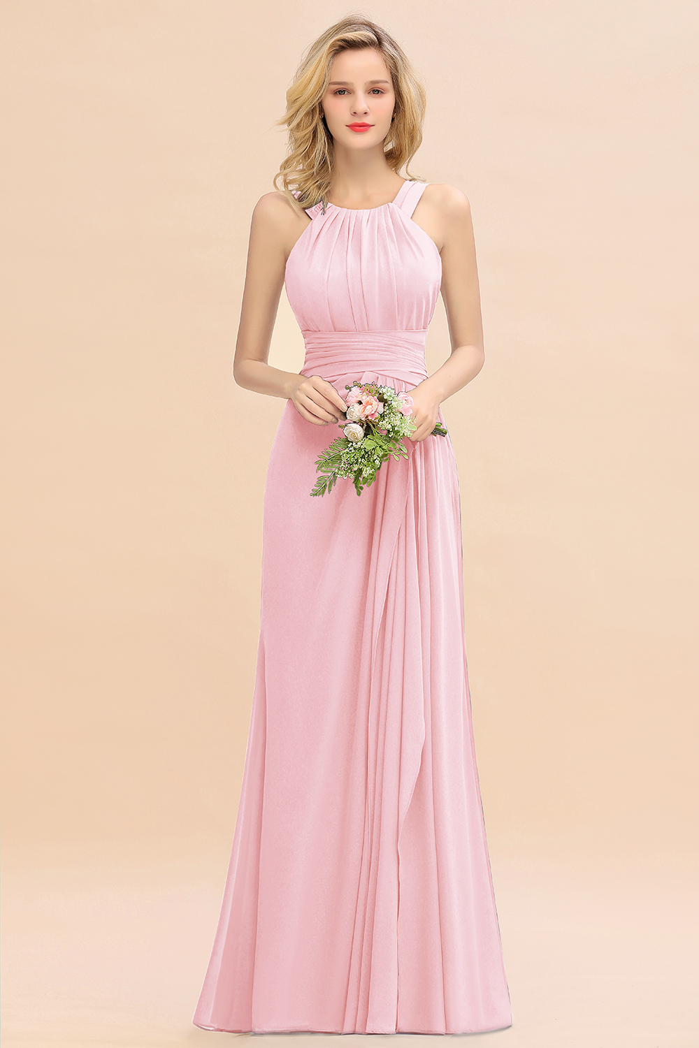 BMbridal Elegant Round Neck Sleeveless Bridesmaid Dress with Ruffles-BMbridal