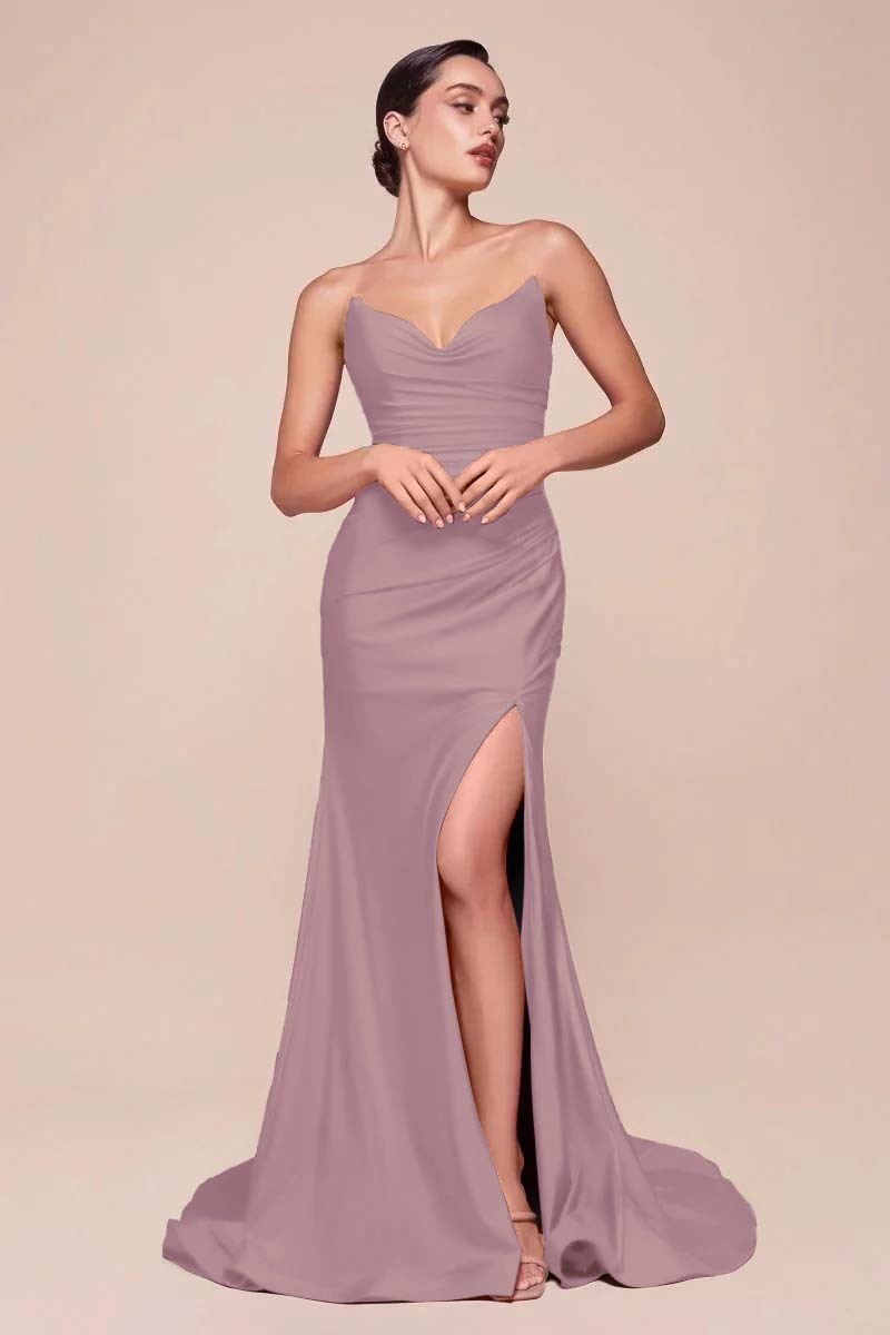 Strapless Sleeveless Long High Split Prom Dress With Pleated