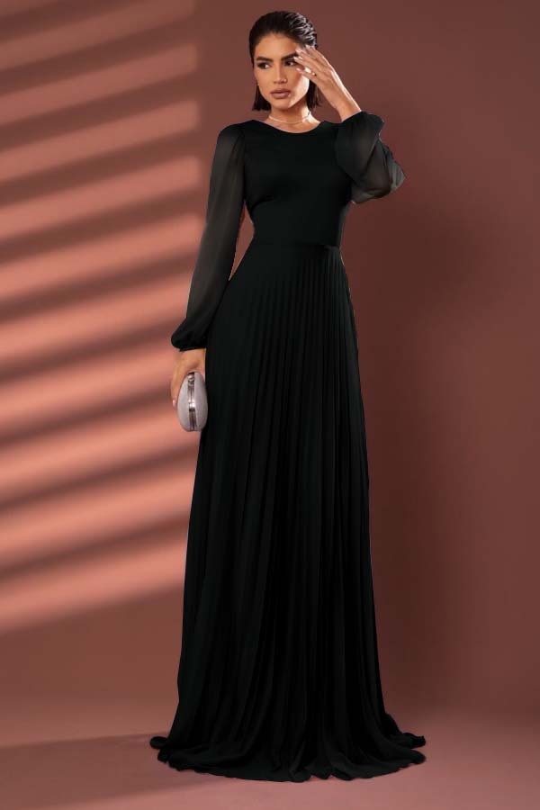 Chiffon Jewel Neck Long Sleeves Long Prom Dress With Pleated