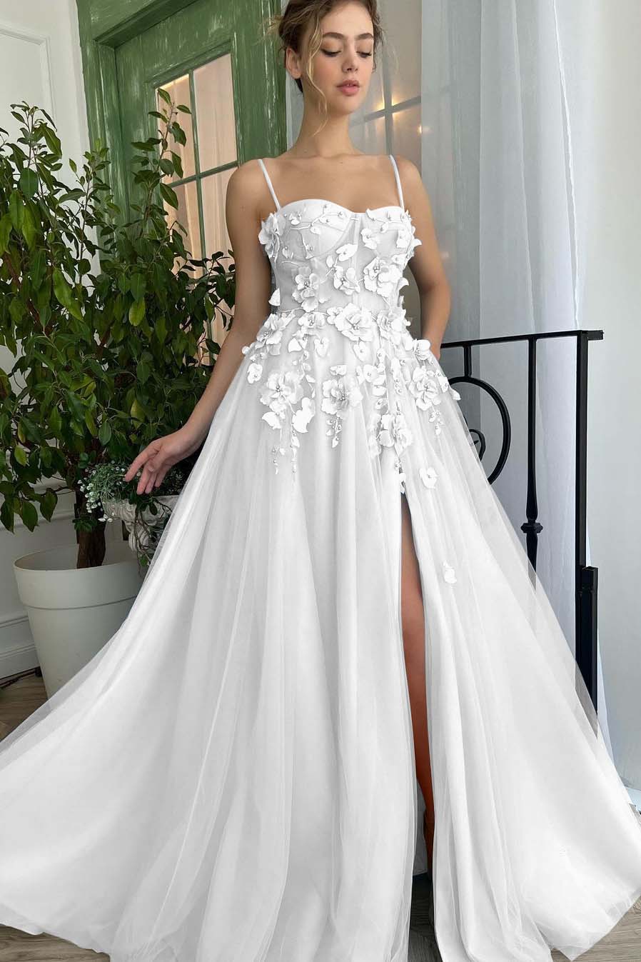 Baby Blue Sweetheart Flowers Appliques Spaghetti Strap Prom Dress With Split