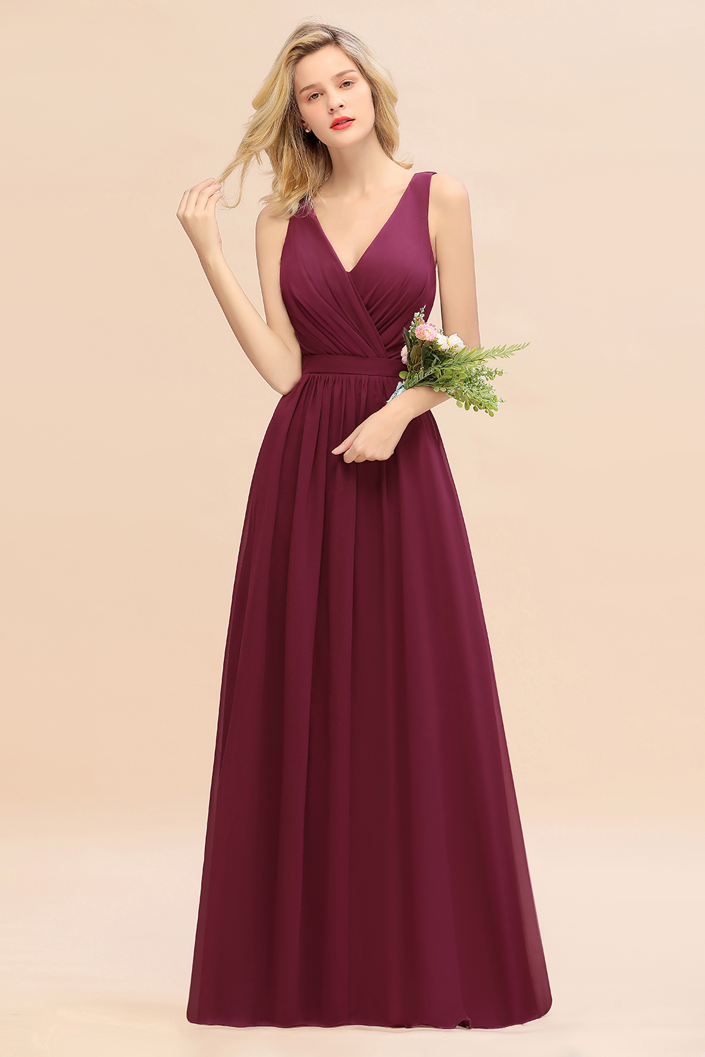 BMbridal Affordable V-Neck Ruffle Long Grape Chiffon Bridesmaid Dress with Bow-BMbridal