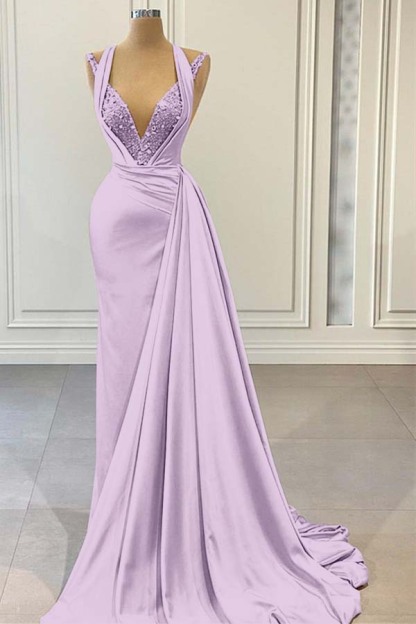 Halter V Neck Sleeveless Long Prom Dress With Beading Pleated