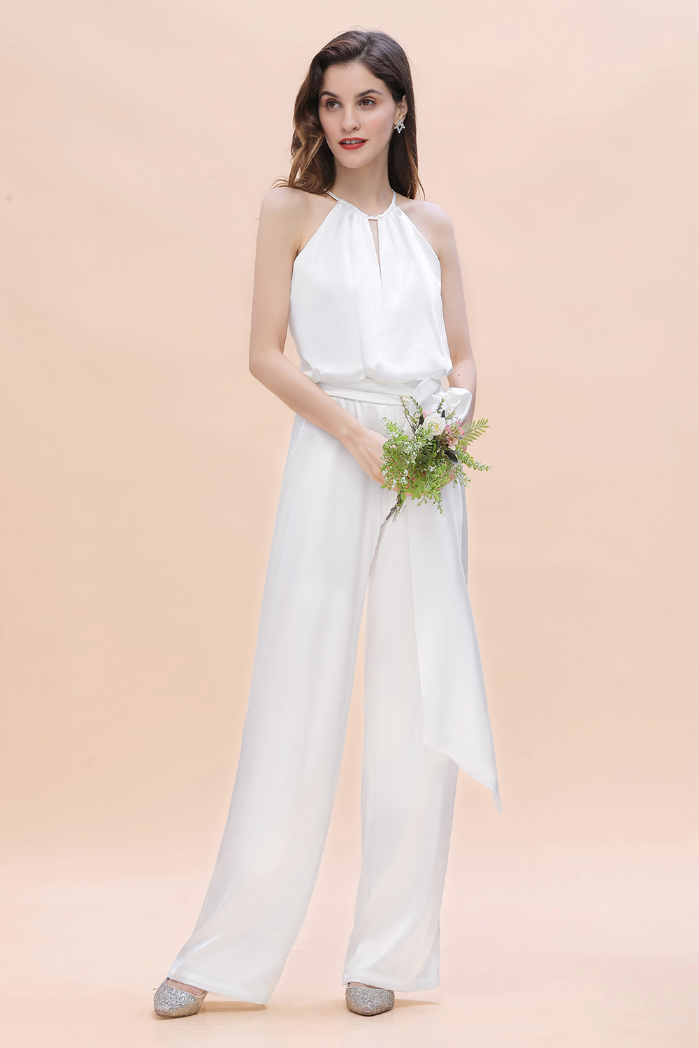 BMbridal Affordable Halter Sleeveless Ivory Charmeuse Bridesmaid Jumpsuit Online-BMbridal