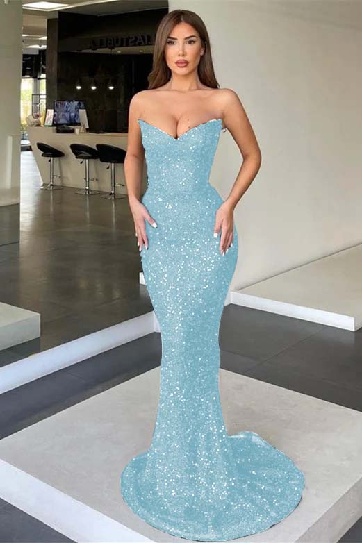 Black Strapless Sleeveless Long Mermaid Prom Dress With Sequins