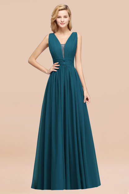 BMbridal Modest Dark Green Long Bridesmaid Dress Deep V-Neck Chiffon Maid of Honor Dress-BMbridal
