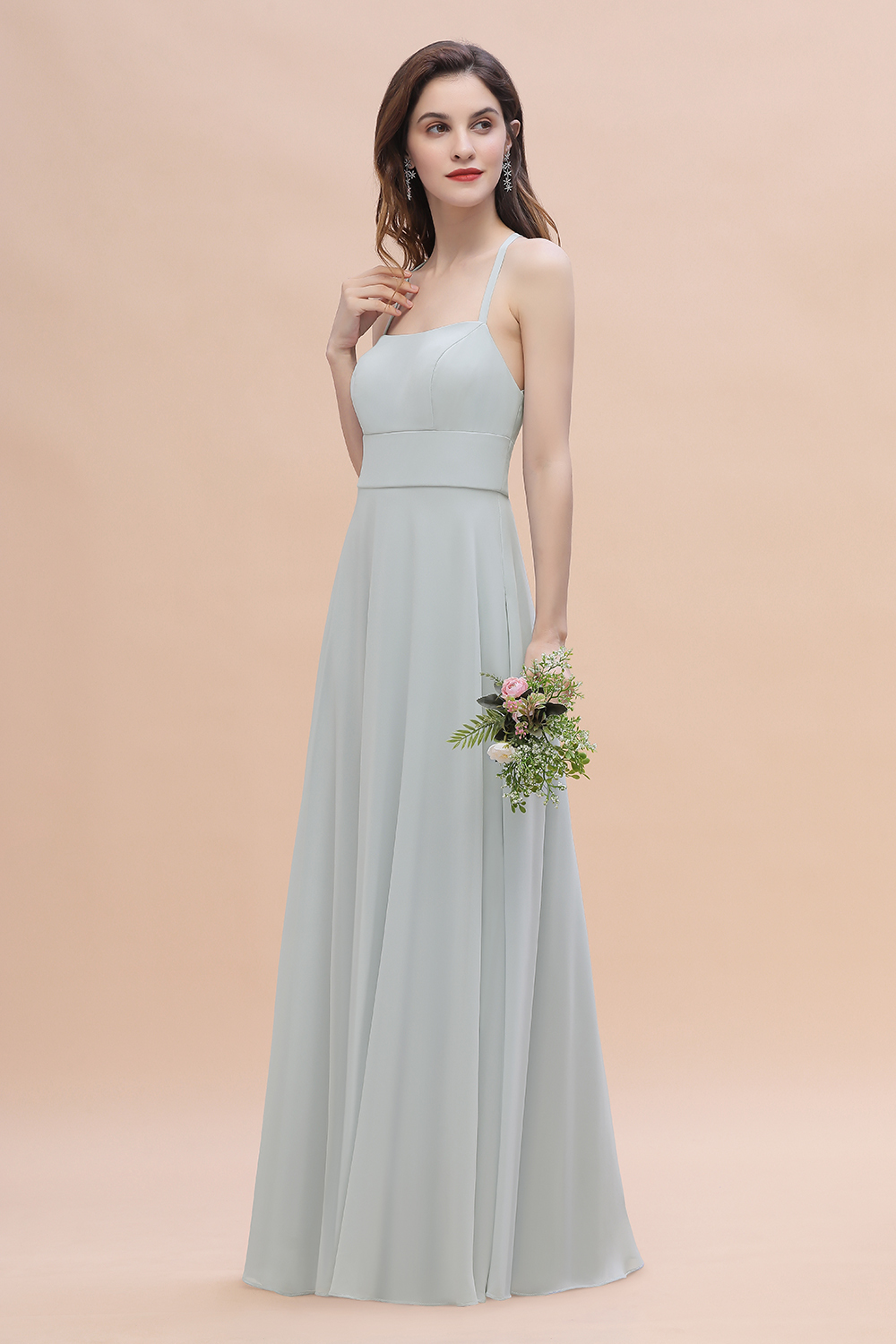 BMbridal Simple Straps A-line Chiffon Mist Bridesmaid Dress with Ruffles Online-BMbridal