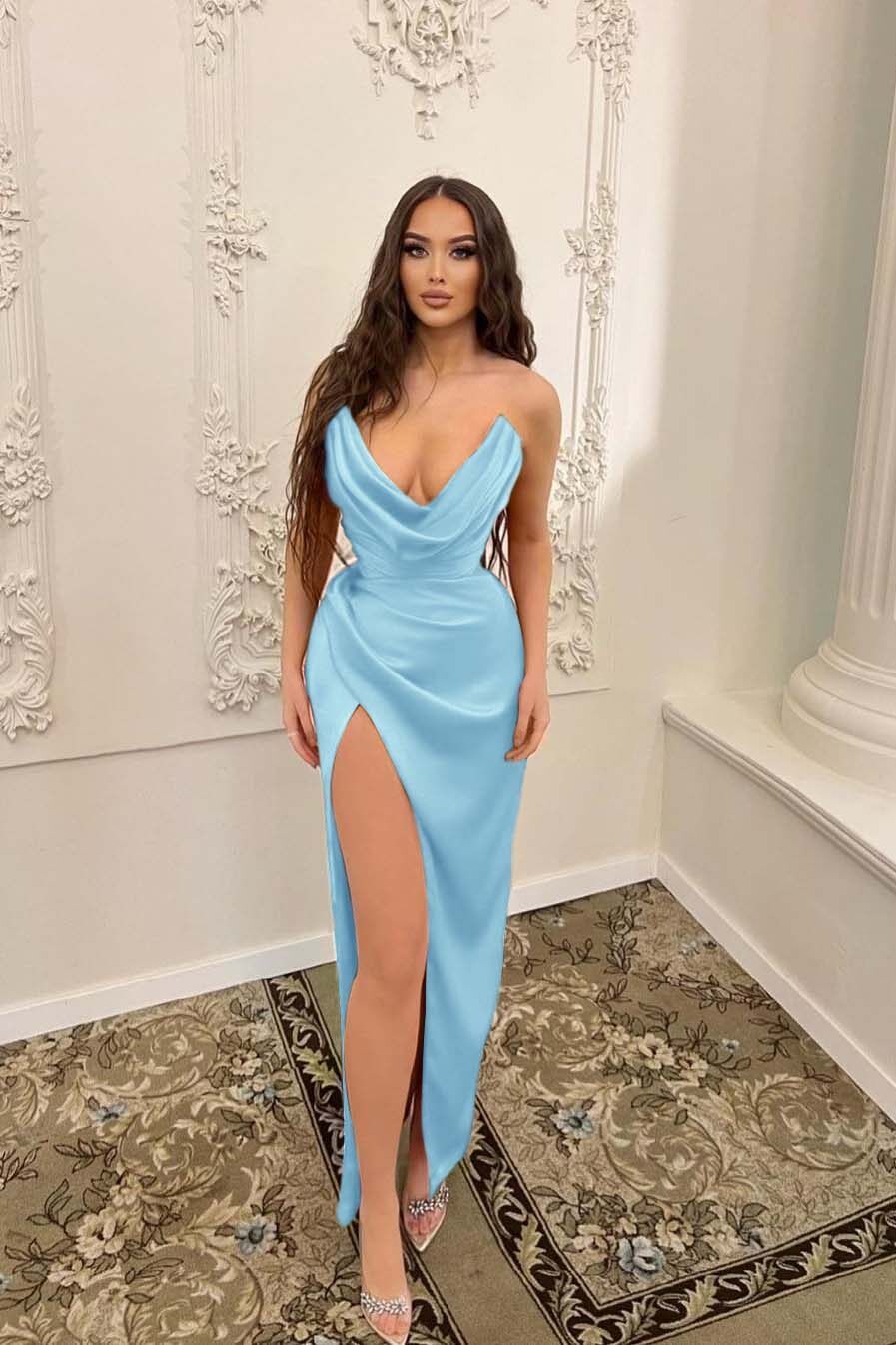 Sleeveless Strapless Long Mermaid Split Prom Dress With Pleated