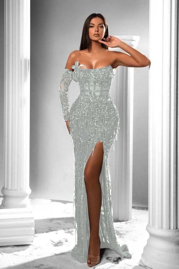 Strapless Long Sleeve High Split Long Prom Dress With Appliques