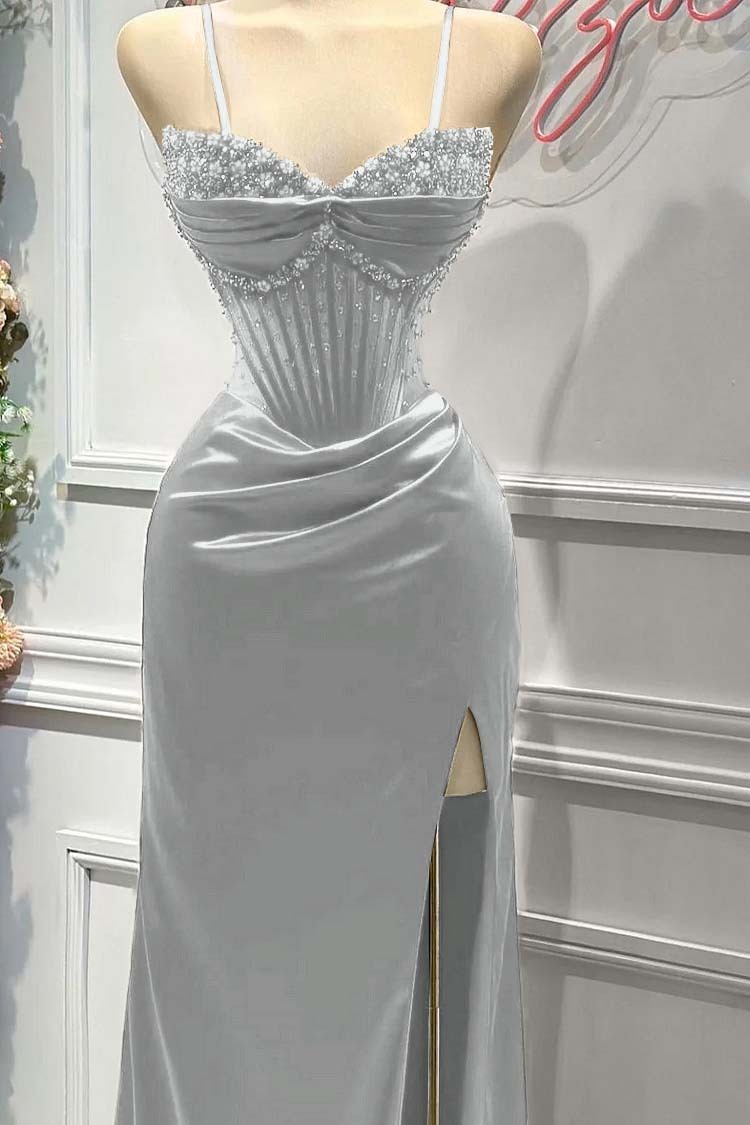 Red Spaghetti Strap Sleeveless Beading Long Prom Dress With Split