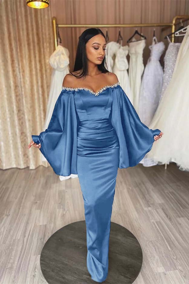Off the Shoulder Long Sleeves Pleated Long Prom Dress With Beading
