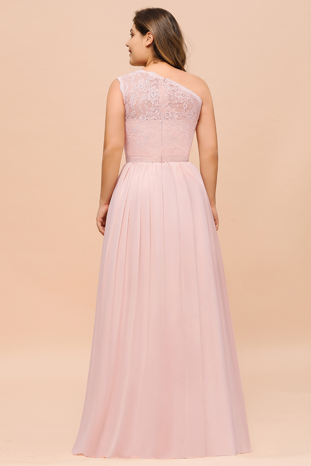 BMbridal Chic One-Shoulder Pink Lace Bridesmaid Dresses with Slit-BMbridal