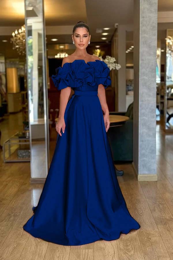 Off the Shoulder Sleeveless A Line Long Prom Dress With Pleated