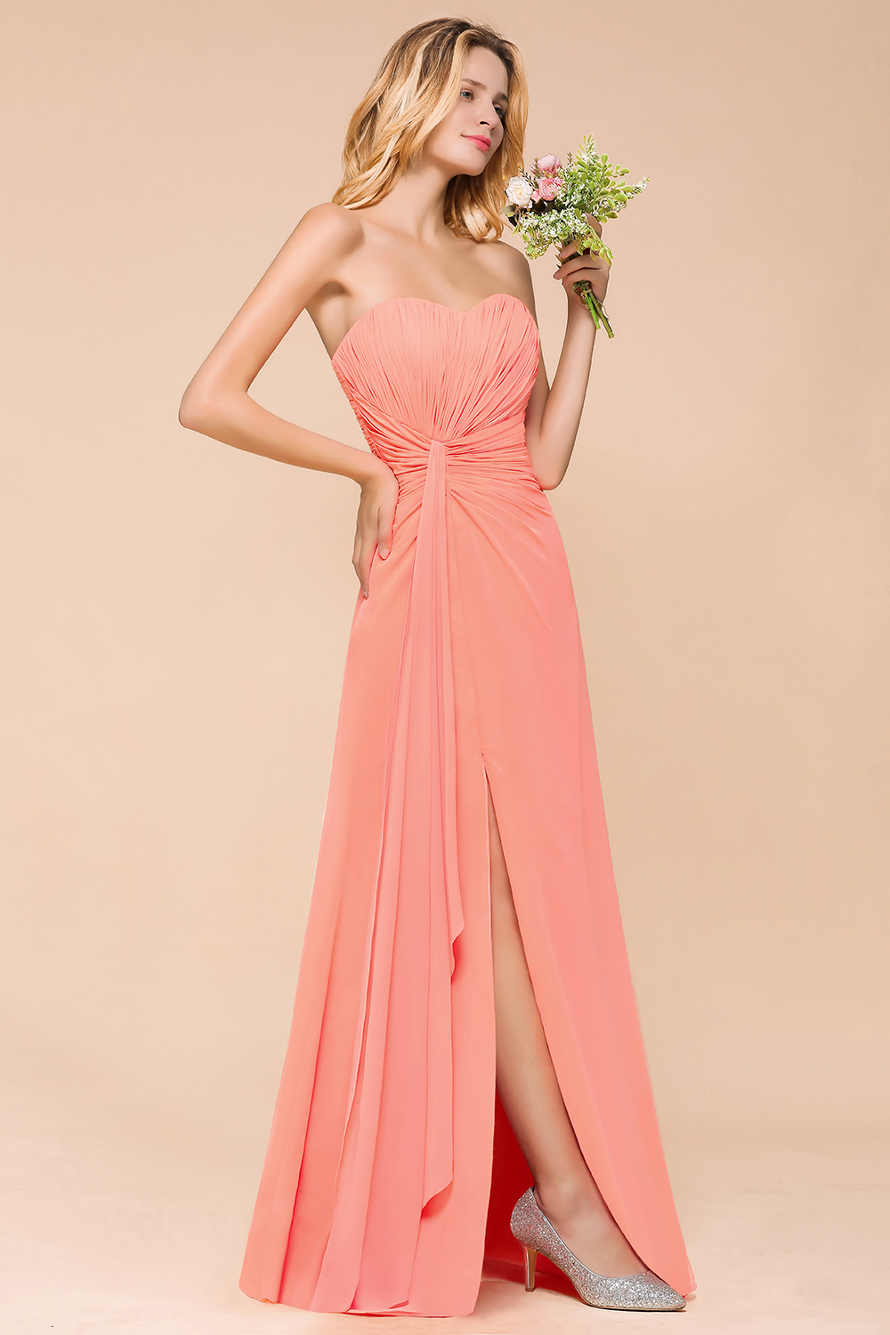 BMbridal Stylish Sweetheart Ruffle Affordable Coral Chiffon Bridesmaid Dresses Online-BMbridal