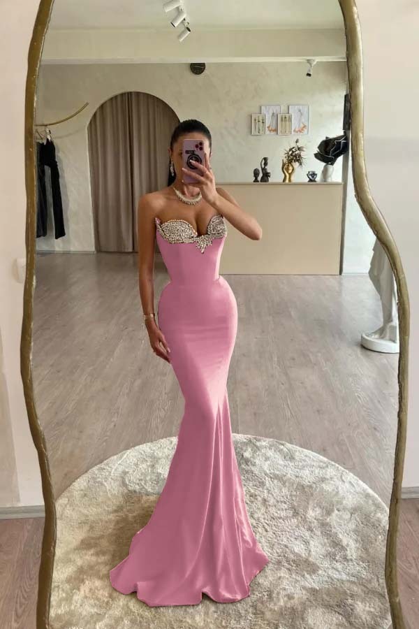 Strapless Sleeveless Long Mermaid Prom Dress With Beading Pleated