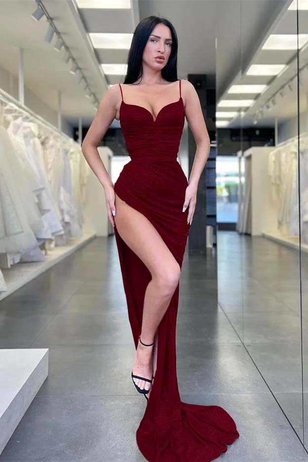 Burgundy Spaghetti Strap Sequins Sleeveless Mermaid Prom Dress With Split