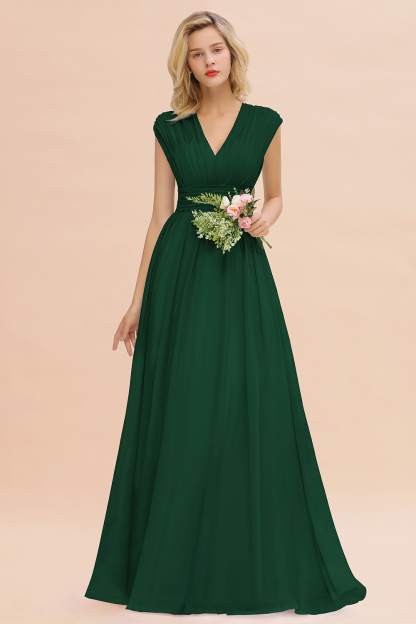 BMbridal Elegant Chiffon V-Neck Ruffle Long Bridesmaid Dresses Affordable-BMbridal