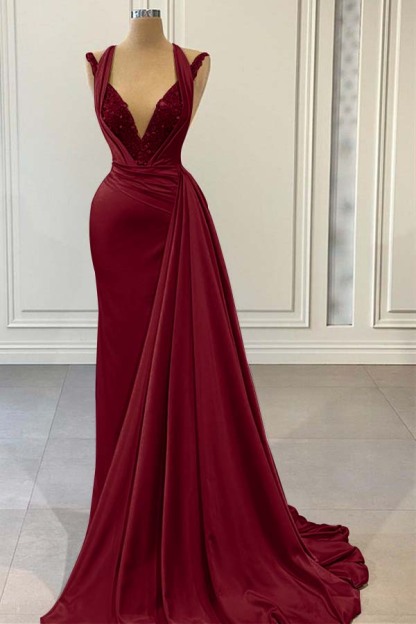 Halter V Neck Sleeveless Long Prom Dress With Beading Pleated
