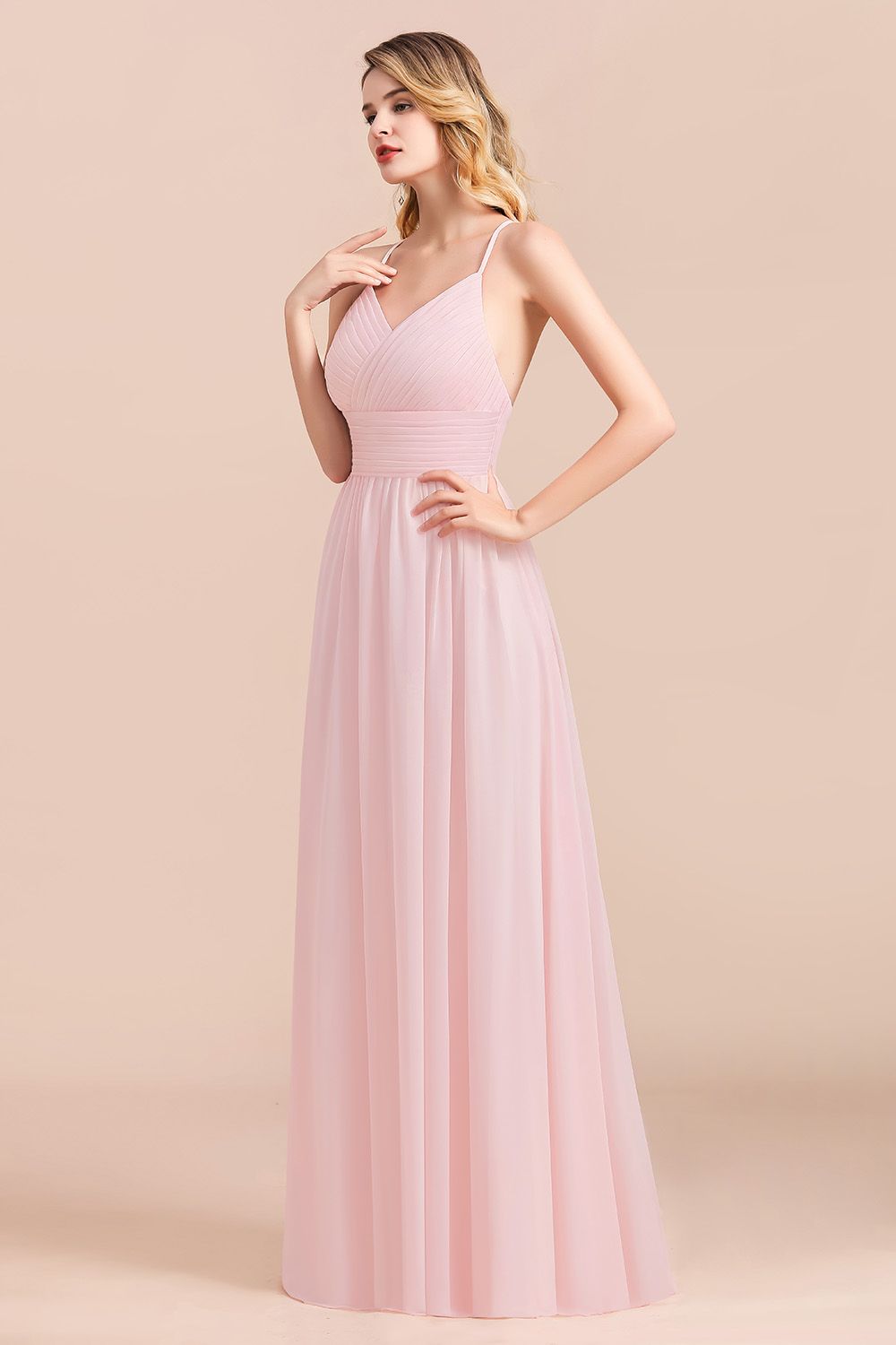 BMbridal Gorgeous Spaghetti Straps Ruffle Pink Chiffon Bridesmaid Dress Affordable-BMbridal