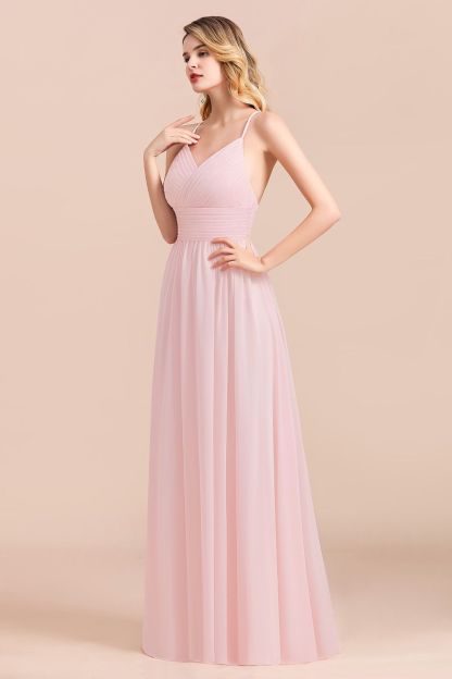 BMbridal Gorgeous Spaghetti Straps Ruffle Pink Chiffon Bridesmaid Dress Affordable-BMbridal