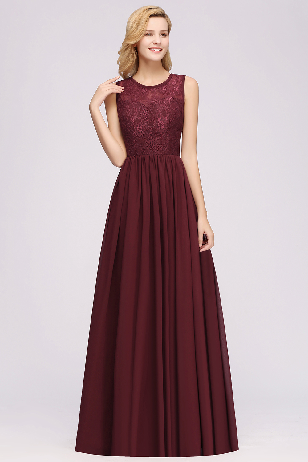BMbridal Affordable Sleeveless Lace Pink Bridesmaid Dress With Hollowout Back-BMbridal