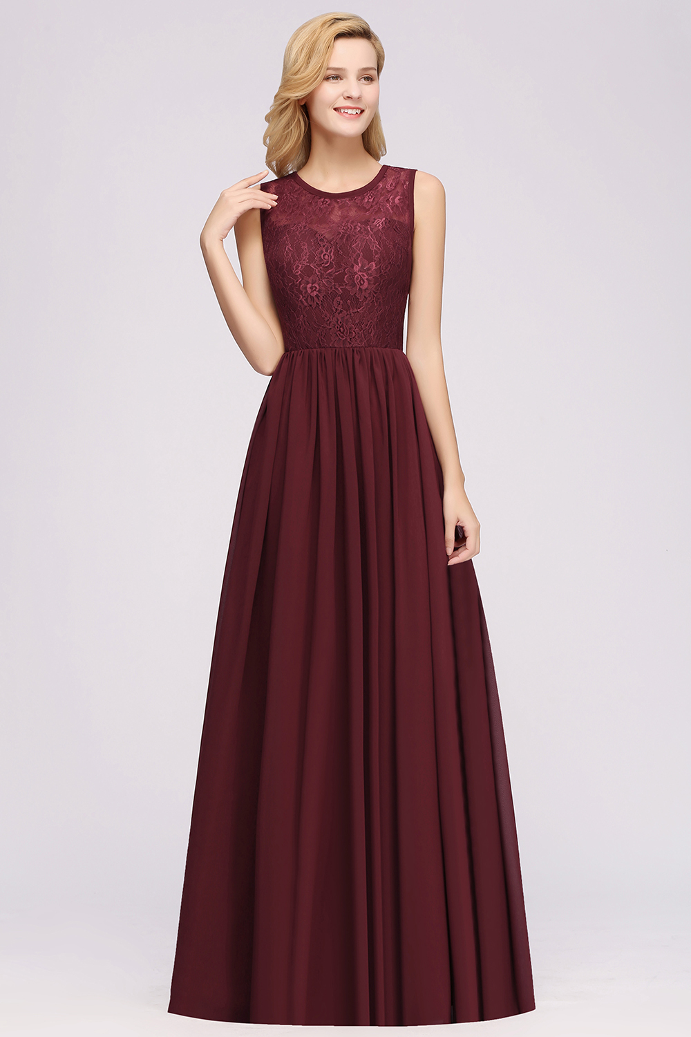 BMbridal Affordable Sleeveless Lace Pink Bridesmaid Dress With Hollowout Back-BMbridal