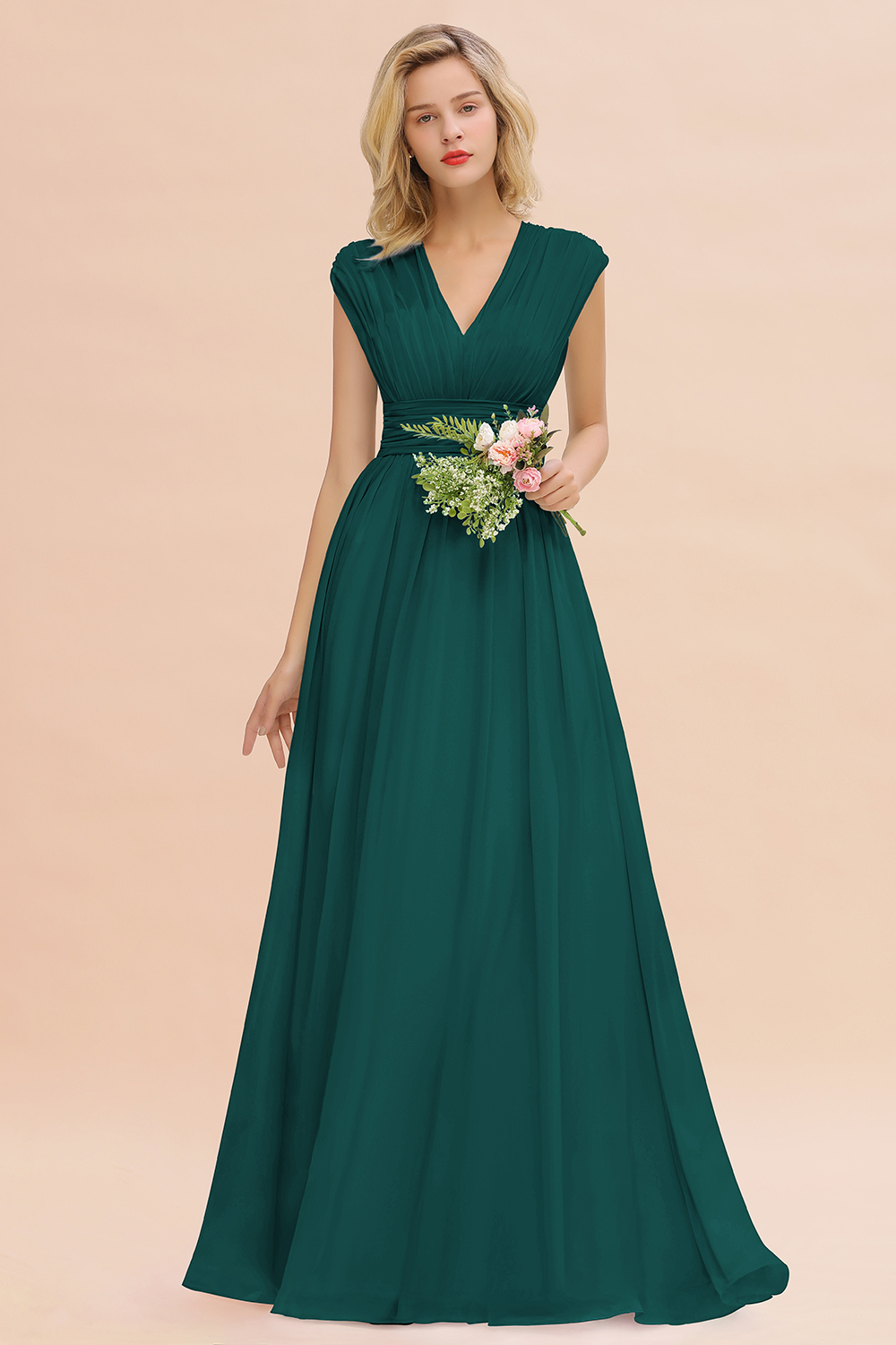 BMbridal Elegant Chiffon V-Neck Ruffle Long Bridesmaid Dresses Affordable-BMbridal