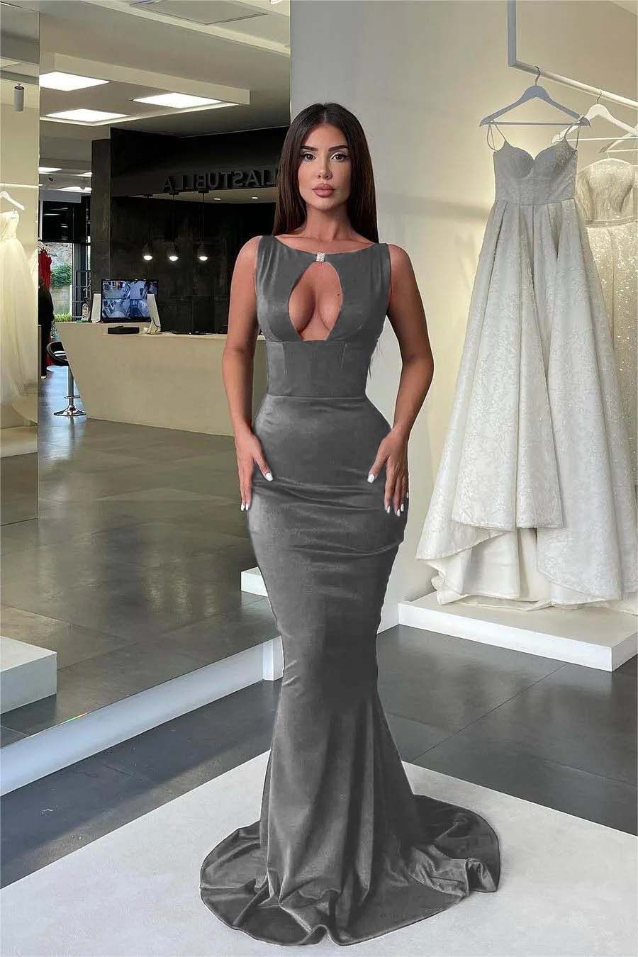 Jewel Neck Sleeveless High Waist Mermaid Prom Dress With Pleated