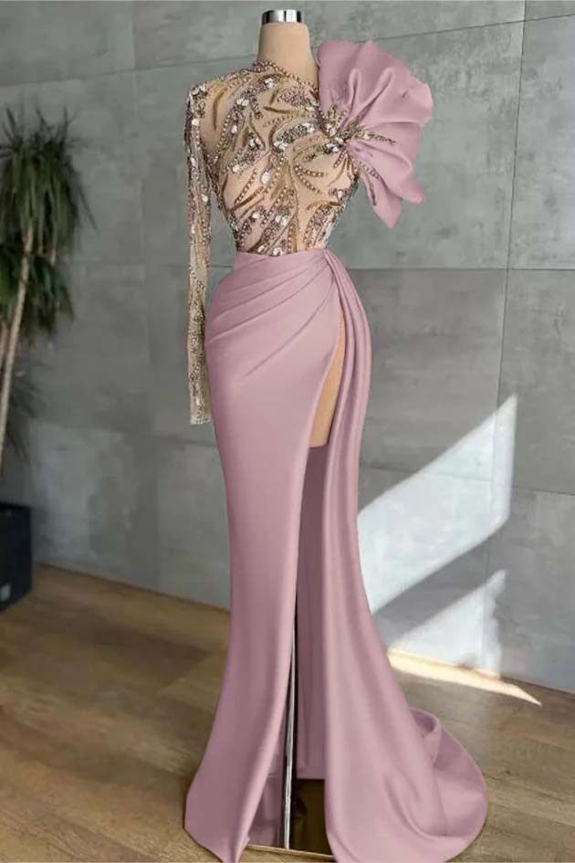 Long Sleeves Long Mermaid Prom Dress With High Split Appliques