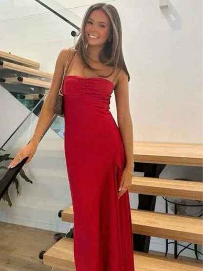 Yellow A Line Spaghetti Straps Silk Long Prom Dress with Slit