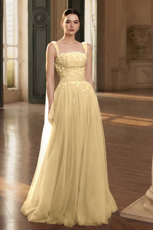 Stunning Tulle Straps Sleeveless Long Prom Dress With Beading