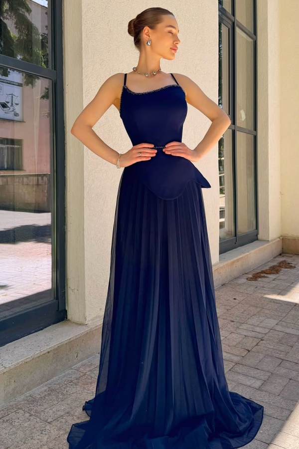 Spaghetti Strap Sleeveless Long Prom Dress With Pleated Sequins