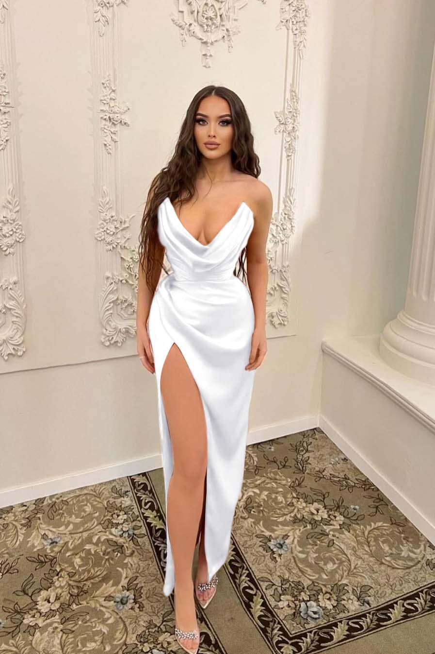 Sleeveless Strapless Long Mermaid Split Prom Dress With Pleated