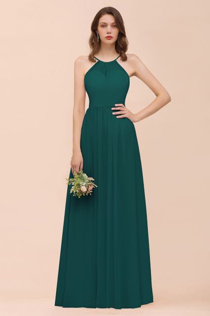 BMbridal Gorgeous Chiffon Halter Ruffle Affordable Long Bridesmaid Dress-BMbridal