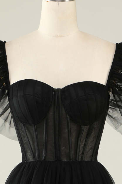 Black A-Line Corset Ruffled Tulle Homecoming Prom Dress