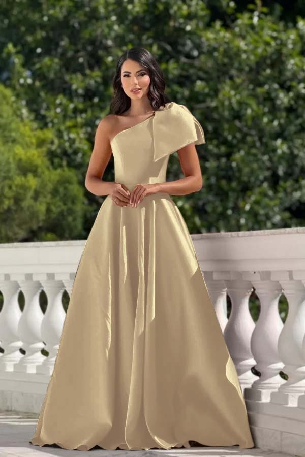 One Shoulder Sleeveless Long Prom Dress With Pleated Bowknot
