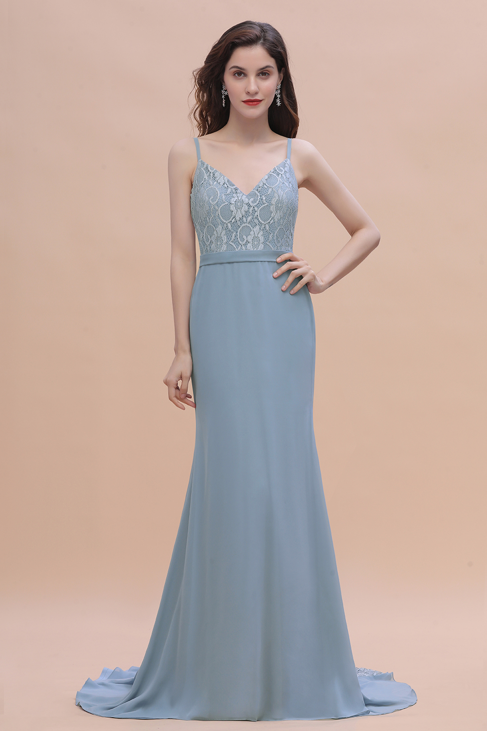 BMbridal Elegant Mermaid Chiffon Lace Dusty Blue Bridesmaid Dress with Spaghetti Straps On Sale-BMbridal