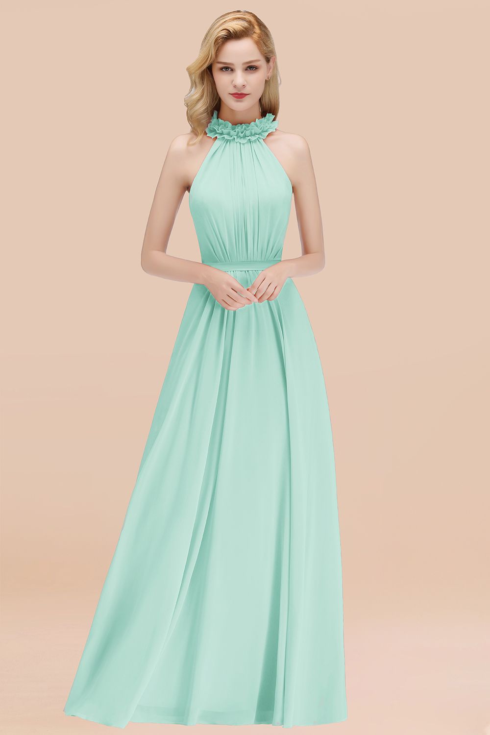 BMbridal Modest High-Neck Halter Ruffle Chiffon Bridesmaid Dresses Affordable-BMbridal